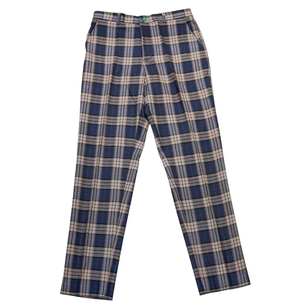 Mens 32 Navy Tan Plaid Dress Pants Straight Fit Flat Front Cotton Trousers NWT